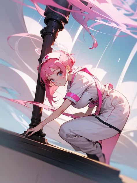 a beautiful young anime nurse girl with a pink angelic halo, bending over, working diligently, detailed anime nurse girl, edgy anime style, highly detailed, 8k resolution, high quality, bottom view angle, low angle, 4k digital art, gapmoe, smooth anime cg ...