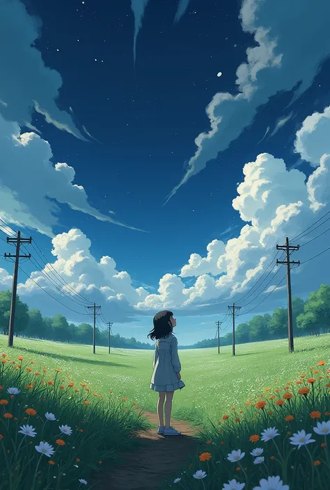 1girl, looking up at the sky, background of meadow, flowers around, electric poles, muddy roads, from behind, luxury effect, 8k, wallpaper, anime style, dark sky