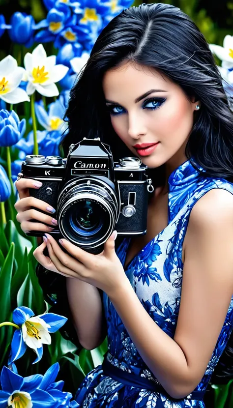 (photo noir et blanc et bleu profond), une femme aux yeux bleus sublimes, (longs cheveux aux reflets bleus électriques très déta...