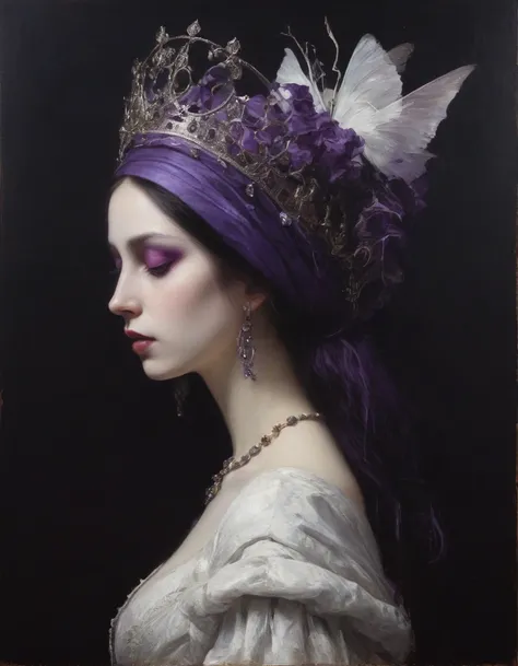 sideview,James Gurney, Surrealist art , dream-like, mysterious, Provocative, symbolic, Complex, detailed,(Gothic but very beautiful:1.4), (masterpiece, Highest quality:1.4) , Nicola Samori Style, Purple and White Queen 