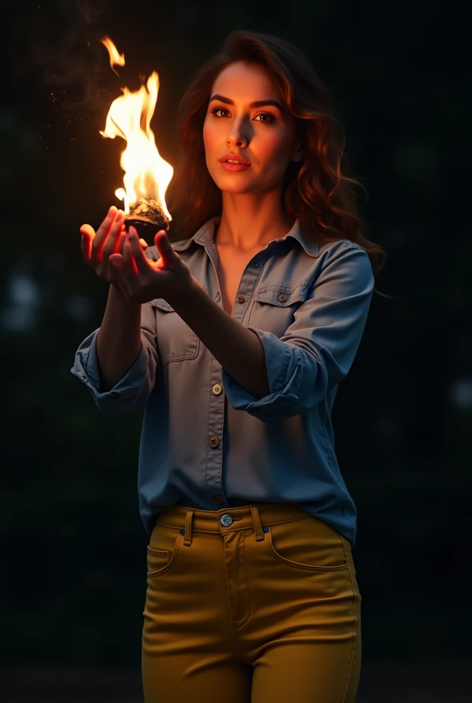 A woman in blue clothes and yellow jeans, in the dark and with a fire in our hands 