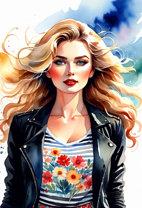 watercolor illustration, centered art. the image shows a charming russian woman with long, curly blonde hair blowing in the wind...