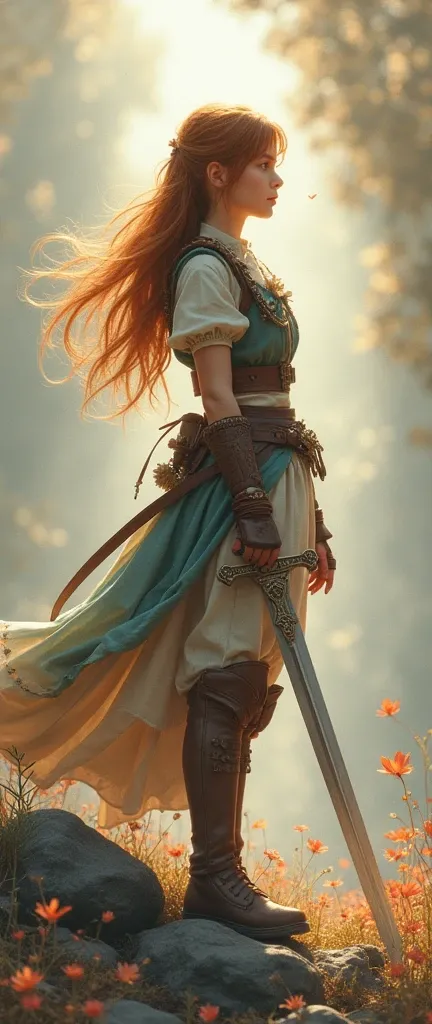 Theme of the game Final Fantasy. Image of a bronze-haired girl standing holding her favorite sword , pastel colors, and dramatic tones. A masterpiece with the highest resolution , Image type semi-realistic