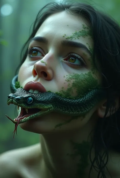 A woman is eating a snake and her eyes become snake eyes.