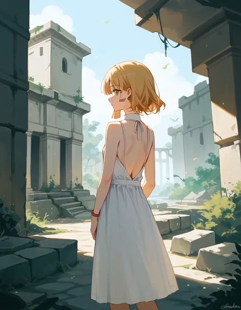 (((masterpiece, ultra-detailed))), Anime Style, nsfw, white backless dress, standing, Emotionless, yamada ryo, mole under eye, hairclip, teenager, ruins
