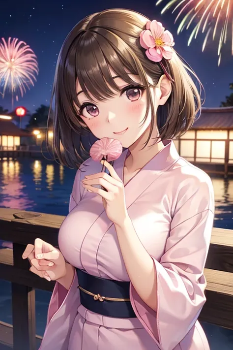 anegasaki nene、Shiny brown hair, short hair, (Beautiful brown eyes、Sparkling eyes, Fine grain)、smile、Ultra-detailed eyes、Highly detailed face, Highly detailed eyes,


Highest quality、Complete limbs、Full Finger、Slender beauty、
(Pink Yukata:1.3)、Floral Yukat...