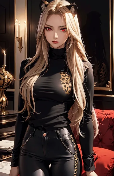 Woman with long hair straight, cheetah skin in shirt, high detailed, realistic, ultra realistic, villain, cheetah skin shirt and ((black skinny pant)), cheetah skin shirt, ((red  eyes))