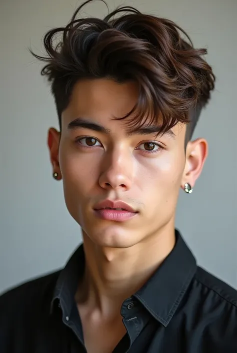 Young man with oval face, medium sized almond shaped eyes, short brown hair with quiff, medium complexion, Caucasian, with an earring in the left ear 