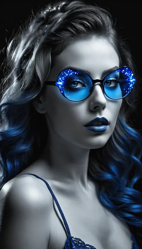 photo noir et blanc et bleu profond, une femme heureuse et rayonnante de bonheur aux yeux bleus sublimes, (longs cheveux bleu_nu...