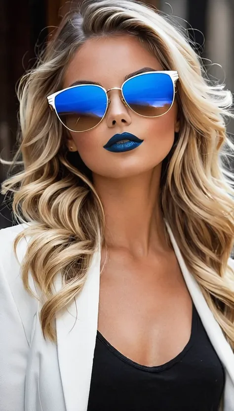 photo noir et blanc et bleu profond, une femme heureuse et rayonnante de bonheur aux yeux bleus sublimes, (longs cheveux blonds ...