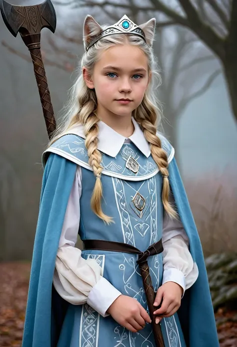 A beautiful photo of tween wearing a Norse style charcoal grey woolen gown with elegant pale azure blue princess style apron, runes of family, love, healing and protection are embroidered along it, with knee high stockings, white doeskin boots, and a beaut...