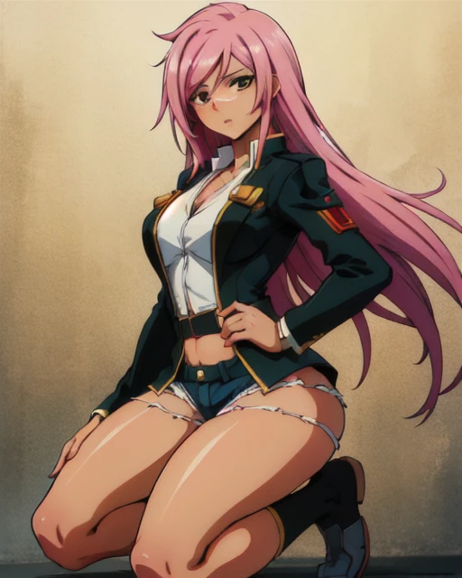 (masterpiece, best quality, high resolution), face,upper body,   full body, bulletms, 1girl, scar , jacket, long pink hair, gree...