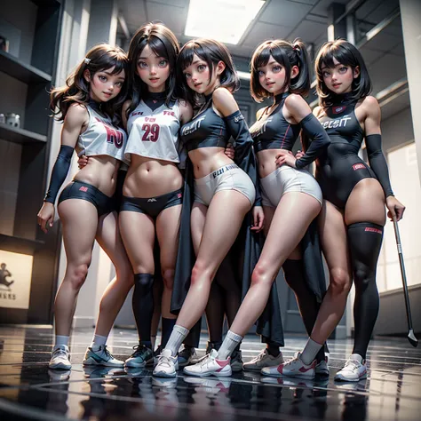 extremelydetailed (((athletes team girls in a row:1.4))), childish perfect face, reflective eyes, detailed(delicate clothing tex...