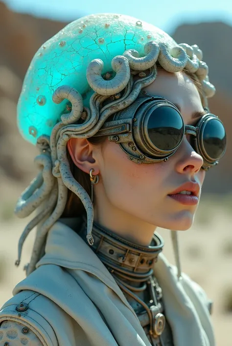 Ethereal cyborg woman, bioluminescent jellyfish headdress. Steampunk goggles blend with translucent tentacles. Cracked porcelain skin meets iridescent scales. Mechanical implants and delicate tendrils intertwine. Human features with otherworldly glow. Drea...