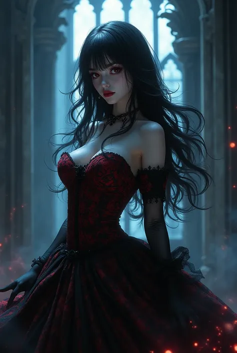 masterpiece, best_quality, 1girl, solo, (goth:1.2), remilia scarlet, detailed eyes, detailed lips, long eyelashes, beautiful, elegant dress, gothic architecture, moonlight, mystical atmosphere, dramatic lighting, dark moody colors, (detailed background:1.1...