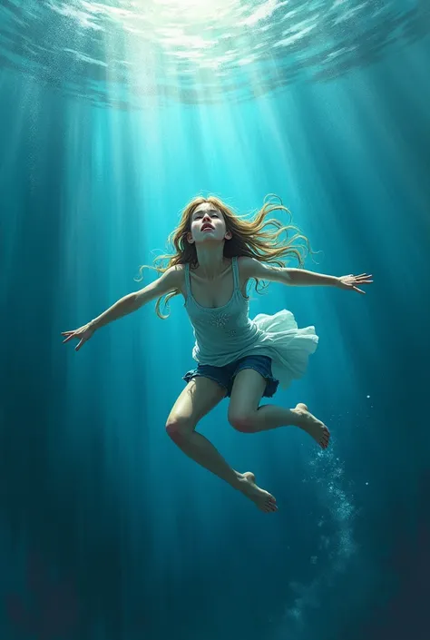 Full body drawing of a girl submerged in the depths of the sea trying to swim to the surface 