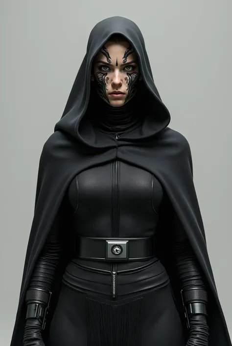 Female sith, buzzcut, black full body armor, standing, frontal, facial tattoos, scifi helmet