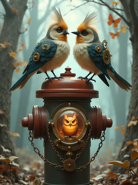 a couple of birds sitting on top of a fire hydrant, cgsociety contest winner, fantasy art, steampunk owl inside a glass jar, nvidia and behance, sick, amazing artwork