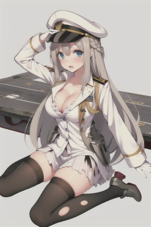 lexington (warship girls r),((masterpiece)),(((best quality))),((ultra-detailed)),((illustration)),((disheveled hair)),((frills)),(1 girl),(solo),
1girl, black bra, black legwear, blue eyes, blush, bra, braid, breasts, broken, burnt clothes, cleavage, dama...