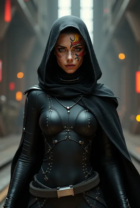 Female sith, buzzcut, black full body armor, standing, frontal, facial tattoos, red and yellow eyes, scifi helmet