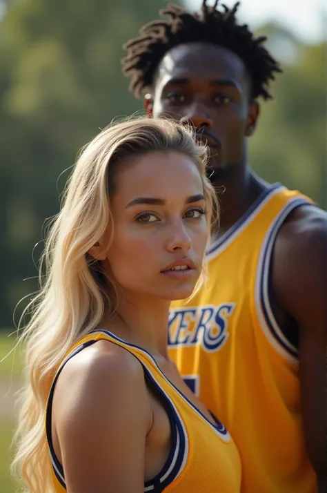 A blonde model stands in front of a black basketball player in a natural setting 