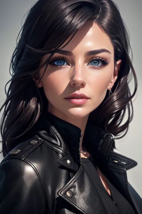 ким кардашьян a beautiful woman wearing a black leather trench coat, highly detailed portrait, extremely detailed facial feature...