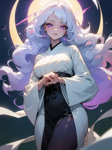 ((ultra quality)), ((masterpiece)), ((Moon and sun)), ((Water)), ((fire)), ((Angelic beauty woman)), ((long white curly hair)), ((White hair)), ((White hair)), ((curly hair)),  (beautiful face), (beautiful female lips), Enchanting ((Seductive facial expres...