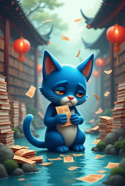 Blue cat spending money. Blue cat spending money. The cat has a sad expression. Chinese style background. There is a library with piles of books and banknotes floating on the river.