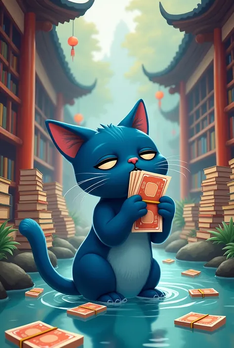 Blue cat spending money. Blue cat spending money. The cat has a sad expression. Chinese style background. There is a library with piles of books and banknotes floating on the river.