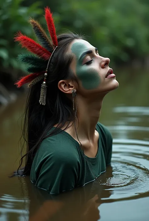 extremely detailed woman head, in t-shirt,is victim of ritual, drowned below muddy bog, fashion photoshoot posing,gloomy orgasm, sexy posing, provocative photoshoot, headdress,traditional indigenous makeup. red, green, blue, side view, from afar