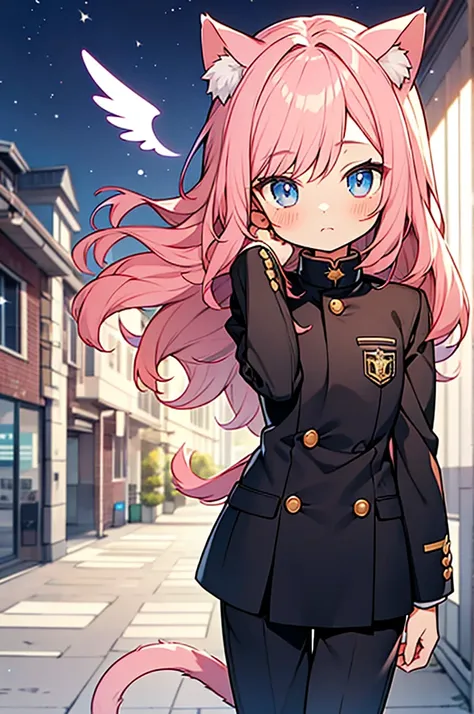 anime style,1person,kawaii shota,short small child,cat ears and tail,angel halo and wing,pink hair,long hair,wavy hair,black_mens_school_uniform (gakuran), school cap for the guard,