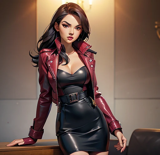 Woman aged 25+ with an ideal figure, hands in the chest area In a burgundy leather jacket and black pencil skirt, lacquered gloves, boots, chest decoration, medium breasts, full height , photo, high quality, face detail, 