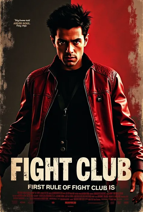 Create a cinematic poster inspired by Fight Club. The central figure should be Tyler Durden, with a confident, rebellious expression, wearing his iconic red leather jacket. He should be positioned off-center, with a focus on his intense gaze.The background...