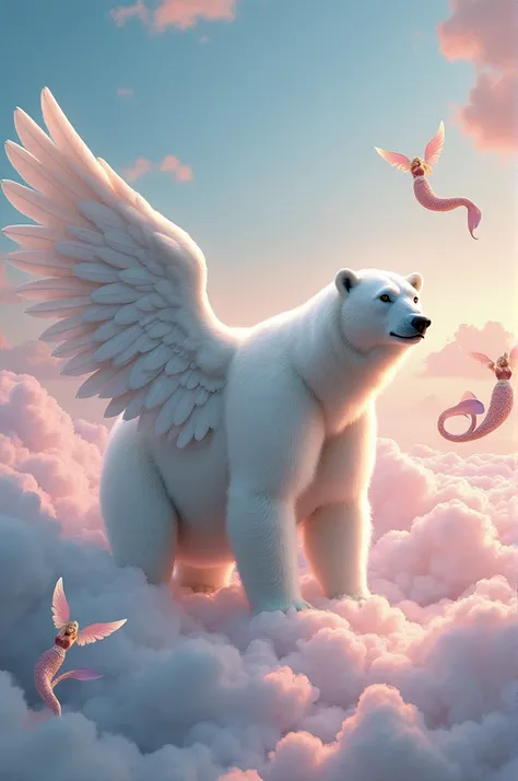 A white bear with angel wings in a snowy pink sky surrounded by mermaids.