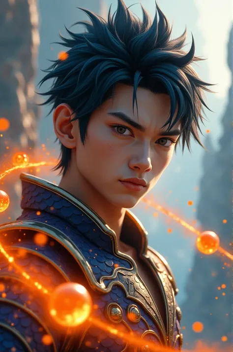 a young muscular man with spiky black hair, beautiful detailed eyes, beautiful detailed lips, extremely detailed face, longeyelashes, orange and blue energy aura, dragon scale armor, 7 dragon balls, flying, detailed background of a fantastical landscape, h...