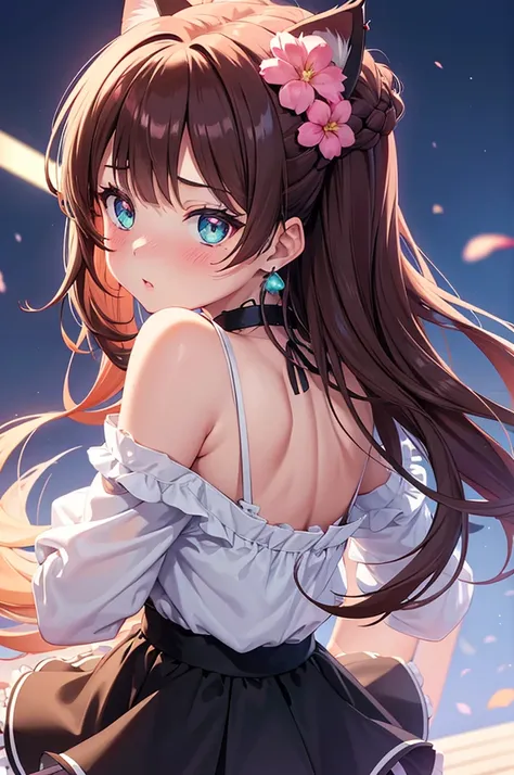 A 20 years old girl wearing a dress and cat ears, anime girl, she turns to look back, frilled pastel colored summer dress, choker, big rounds breasts, nice round ass, panties, dark brown hair, gradient bangs with red tips, french braid, bangs over shoulder...