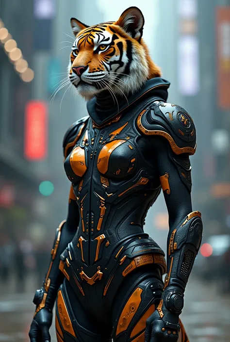 What would fashion be in 2070 , tiger , cyberpunk, cybersigilism, cybercore, futuristic, tiger guardian , bioengineering human