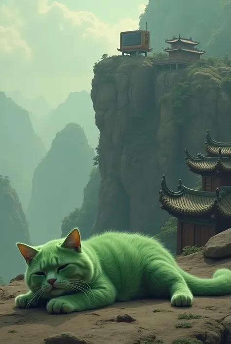 A green cat lying on the ground is lazy and unmotivated. There is a computer on a huge mountain in the Chinese style background.