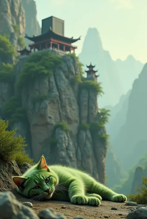 A green cat lying on the ground is lazy and unmotivated. There is a computer on a huge mountain in the Chinese style background.