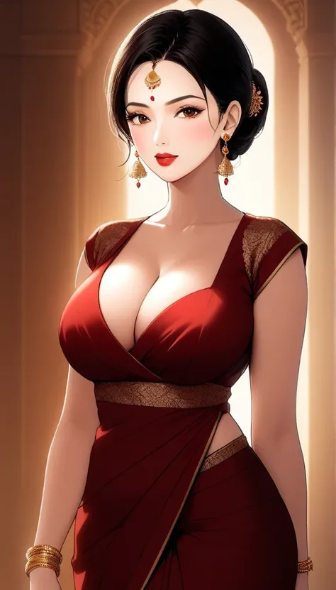 a mature lady with blunt hair, red lipstick,plain design less simple saree, jhumka earrings, saggy breasts, intricate details, high quality, photorealistic, cinematic lighting, warm color tones, elegant portrait,deep cleavage,full body view,