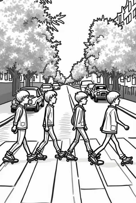 Create a rough line drawing of four skateboarder kids walking down Abbey Road。Background Black　Children only use lines
　