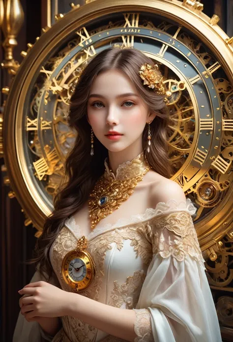 (best quality,4K,8K,high resolution,masterpiece:1.2),Extremely detailed,(Practical,photoPractical,photo-Practical:1.37),The complex mechanism of a mechanical clock, Dreamy atmosphere, The most beautiful girl in the world, Beautiful illustrations, Antique g...