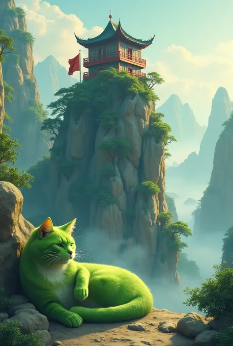 A cute green cat lying on the ground, lazy and unmotivated, with a computer on top of a huge mountain in the Chinese style background