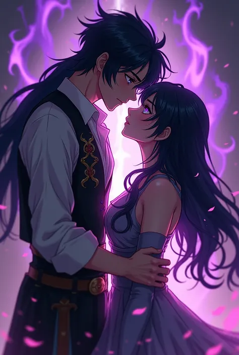 um casal, naughty man: tall black hair, eyes browns, ele e um shadowmancer suas vestes sao de um, the shadows near him come to life, Woman: Kitsune, purples eyes, She is a pyromancer, the flames near her turn purple, They are kissing, anime styling