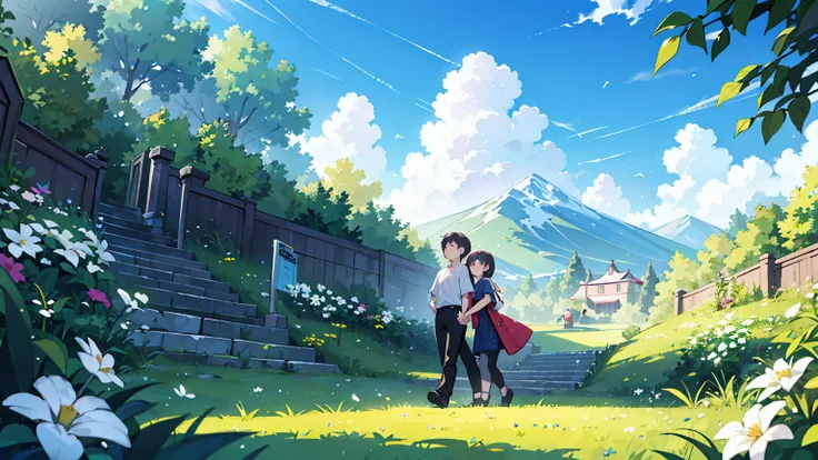 (걸작, 최고의 품질),Create an image of a couple holding hands, walking up a set of stairs towards a beautiful blue sky with fluffy clouds. The scene conveys a sense of romance and connection, integrated into the sky as if part of the cloudscape. The ground is cov...