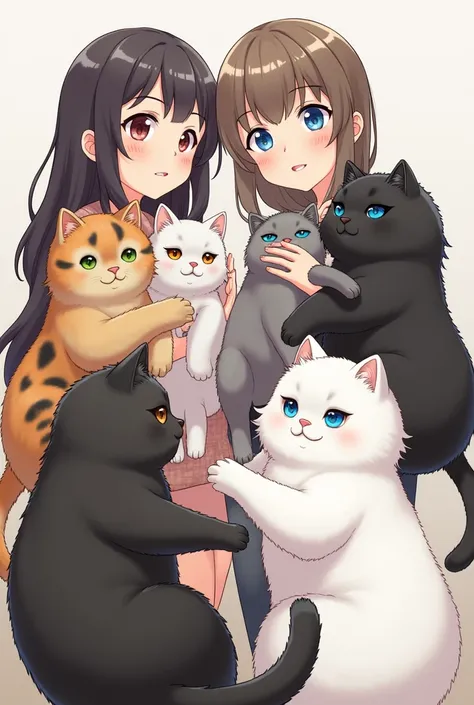 Bicolour cat with minimal black color, calico fluffy cat, black fluffy cat, black cat, white cat with blue eye colour, white fat cat and two woman holding them. Total 6 cat only!