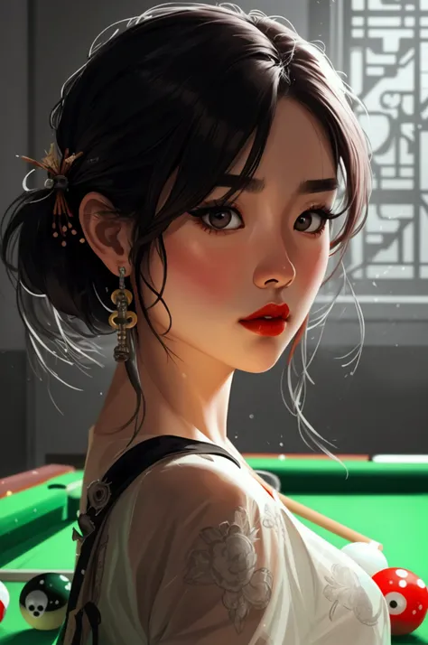 the icon for the game, character icon, korean girl, grey background, holding stick pool, billiard, icon game 8 ball pool