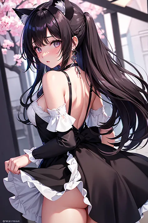 A 20 years old girl wearing a dress and cat ears, anime girl, she turns to look back, frilled pastel colored summer dress, choker, big rounds breasts, nice round ass, panties, dark brown hair, gradient bangs with red tips, french braid, bangs over shoulder...