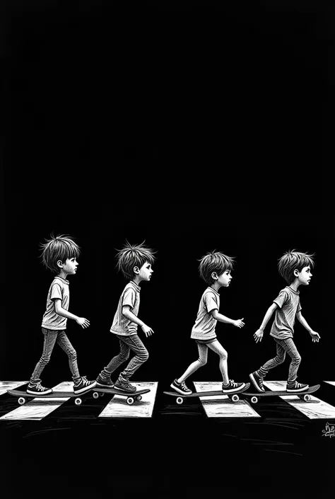 Create a Rough Drawing of four kid skateboarders skating down Abbey Road。Background Black　Children only wear white lines　No hat
　