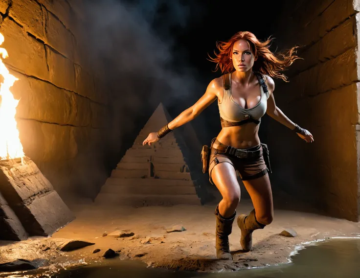 (full body shot:1) photorealistic image of a (jumping pose:1) woman, ultrarealistic, photography, long red hair, woman, 24 years old, hourglass figure, perfect body, Flirty look, natural medium breasts, blur background, Full body picture, Lara Croft costum...